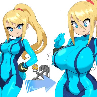 metroid, samus aran, zero suit samus, healerart, abdomen, blonde hair, blue eyes, breast expansion, female, huge breasts, long hair, looking at breasts, looking at viewer, navel, nervous sweat