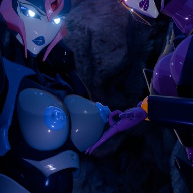 transformers, transformers prime, airachnid, arcee, arcee (prime), hotstuff, trawert, 2girls, blue eyes, blue lipstick, blue nipples, breasts, caressing breasts, glowing eyes, medium breasts