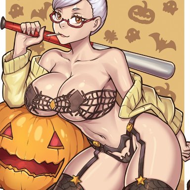 dandadan, halloween, ayase seiko, redjet, 1girls, big breasts, female focus, female only, gilf, glasses, jack-o'-lantern, milf, older female, white hair