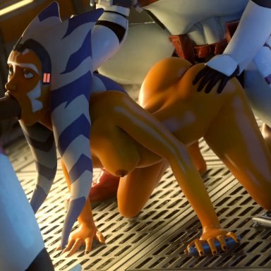 star wars, ahsoka tano, clone trooper, timpossible, 1girls, 2boys, alien, alien girl, alien/human, all fours, armor, ass, ass grab, clothed male nude female, completely nude