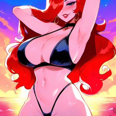 league of legends, riot games, miss fortune, sarah fortune, anemoi, 1female, 1girls, arms behind head, beach, big breasts, bikini, breasts, child bearing hips, curvy, curvy female