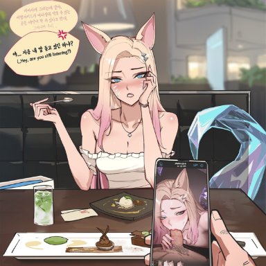 k/da series, league of legends, ahri, foxlutts, anger symbol, animal ears, annoyed, blonde hair, blue eyes, blush, booth, booth seating, cleavage, colored tips, crystal tail