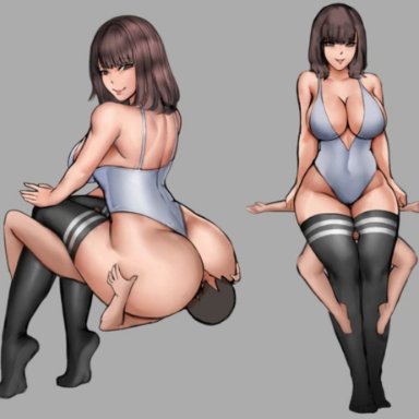 pandak (artist), 1boy1girl, big ass, big breasts, brown hair, facesitting, femdom, legjob, size difference, thick thighs, thigh sex, thighhighs