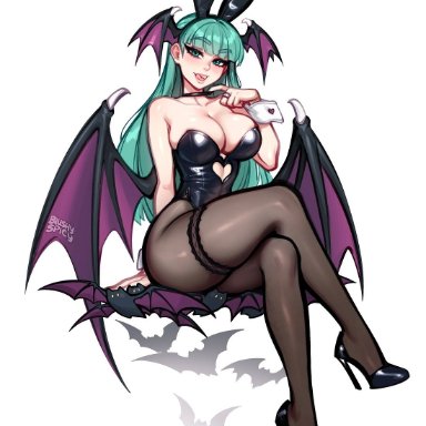 capcom, darkstalkers, morrigan aensland, blushypixy, blushyspicy, 1girls, bat, bat wings, blush, breasts, bunny ears, bunny girl, bunnysuit, choker, cleavage