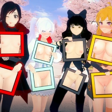 rwby, blake belladonna, ruby rose, weiss schnee, yang xiao long, ahoge, big breasts, black hair, blonde hair, blue eyes, blush, blushing at viewer, blushing profusely, bow, breasts