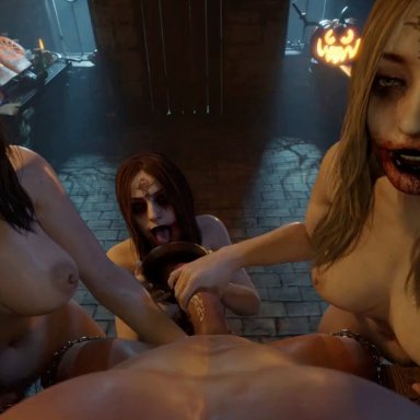 capcom, halloween, resident evil, resident evil 8: village, bela (resident evil), cassandra (resident evil), daniela (resident evil), auxtasy, 1boy, 3girls, big breasts, blonde hair, bondage, breasts, captured