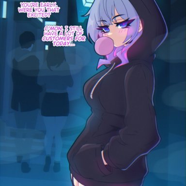 rabbit hole (vocaloid), vocaloid, hatsune miku, genno, 1boy, 2girls, big ass, big breasts, big thighs, black hoodie, blowing bubblegum, blue eyes, blue hair, bubble gum, hoodie