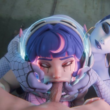 overwatch, overwatch 2, juno (overwatch), widowmaker, cero3d, 1male, 2, ahe gao, big penis, blowjob, deepthroat, earrings, female, female focus, fingers