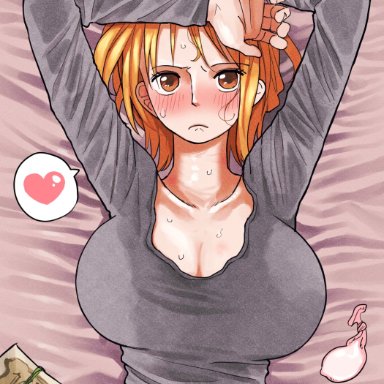 one piece, nami (one piece), reona (mesuinupoke), 1girls, after sex, arms up, banknote, bed sheet, blush, breasts, cleavage, condom, female, female only, grey shirt