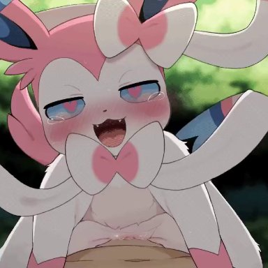 nintendo, pokemon, eeveelution, generation 6 pokemon, pokemon (species), sylveon, dagasi, accessory, all fours, assertive female, blush, bodily fluids, bow ribbon, clenched teeth, cowgirl position