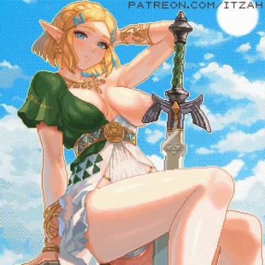 nintendo, tears of the kingdom, the legend of zelda, princess zelda, itzah, 1girls, big breasts, breasts, cameltoe, female, legs closed, one breast out, shield, sword, thong