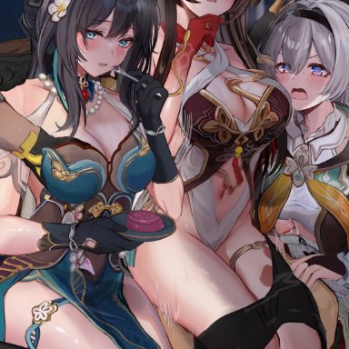 honkai (series), honkai: star rail, caelus (honkai: star rail), firefly (honkai: star rail), lingsha (honkai: star rail), pom-pom (honkai: star rail), ruan mei (honkai: star rail), trailblazer (honkai: star rail), efuri (riarea00), @ @, 1boy, 3girls, aqua collar, aqua dress, bare legs