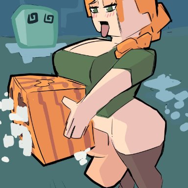 halloween, minecraft, alex (minecraft), zestysauce, 1futa, big ass, big breasts, big butt, big penis, blush, bottomless, cum, cum in food, cum in pumpkin, cum in slime