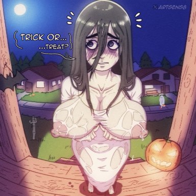 halloween, the ring, yamamura sadako, artsens8, areolae, barefoot, bat (animal), black hair, blush, breasts, brown hair, cleavage, closed mouth, clothing, dress