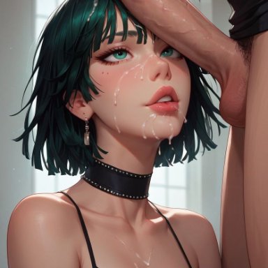 one-punch man, fubuki (one-punch man), sarahvividart, 1boy, 1girls, after oral, blowjob, blush, blushed, close-up, clothed, collar, cum, cum in mouth, cum on body