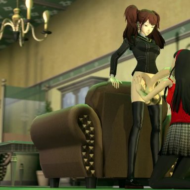 atlus, persona, persona 4, amagi yukiko, kujikawa rise, sfmslayer, :&gt;=, big balls, black hair, brown hair, clothed, deepthroat, fellatio, futa on female, futanari