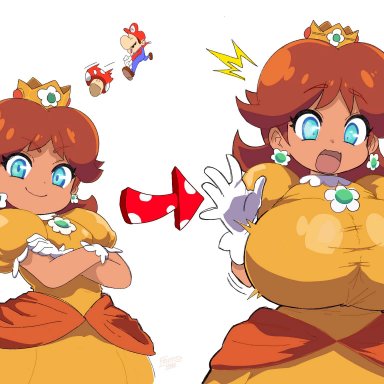 mario (series), mario, princess daisy, healerart, 1girl, big breasts, breast expansion, brown hair, clothing, cyan eyes, earrings, female, huge breasts, looking at breasts, looking at viewer