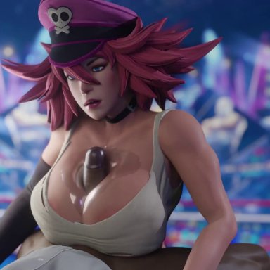 capcom, final fight, street fighter, poison (final fight), datboinappana, 1boy, 1girls, busty, cleavage, dark skin, dark-skinned male, female, female focus, handsfree paizuri, light skin