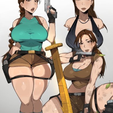 tomb raider, tomb raider (l.a.u.), lara croft, lara croft (classic), lara croft (l.a.u.), bobtheneet, elijahzx, female, huge breasts, shorts, thick thighs, voluptuous female, tagme