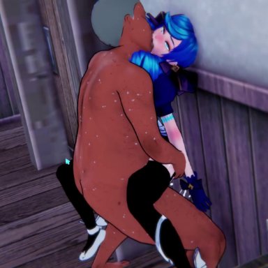 league of legends, league of legends: wild rift, riot games, gwen (league of legends), against wall, blue hair, dark skin, dark-skinned male, deep kissing, forced kiss, french kiss, french kissing, kiss, kissing, molestation