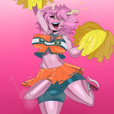 boku no hero academia, my hero academia, ashido mina, mina ashido, tayuri, 1futa, balls outline, balls under clothes, black sclera, blush, cheerleader, cheerleader outfit, cheerleader uniform, clothed, clothing