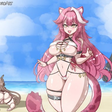 hololive, hololive english, hololive english -justice-, nanashi mumei, nerissa ravencroft, raora panthera, xelsword, 3girls, animal ears, animal tail, ass, bikini, blush, breasts, breath