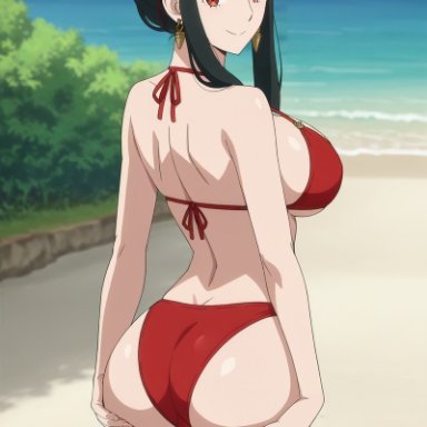 spy x family, yor briar, yor forger, aindroidparanoid, 1girls, ass, ass focus, beach, big breasts, bikini, black hair, booty, breasts, busty, cleavage