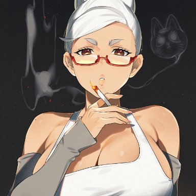 dandadan, ayase seiko, mandusaru, big breasts, breasts, brown eyes, cigarette, cleavage, female, fit, fit female, gilf, glasses, huge breasts, large breasts