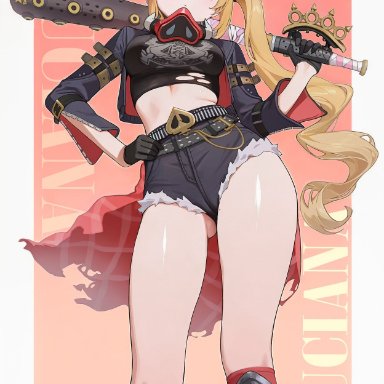 zenless zone zero, luciana de montefio, lucy (zenless zone zero), bat, blonde hair, jacket, looking at viewer, looking down, mole, mole on thigh, ponytail, thick thighs, thighs, artist name