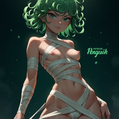 one-punch man, tatsumaki, penguih, 1girls, anime, big breasts, bondage, cosplay, female, female only, green eyes, green hair, green nails, halloween costume, mummy