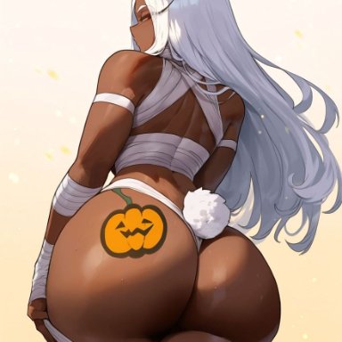 halloween, my hero academia, miruko, rumi usagiyama, erotic nansensu, 1girls, alternate costume, animal ears, ass, ass focus, ass tattoo, back, back view, bandage, bare shoulders