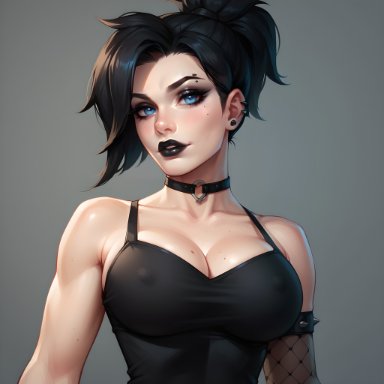 overwatch, mercy, eogard orc, big breasts, black hair, black lipstick, blue eyes, chocker, cleavage, fishnet armwear, goth, goth girl, no bra, ai generated, self upload