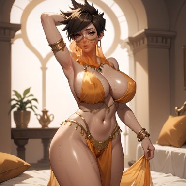 blizzard entertainment, overwatch, overwatch 2, tracer, eogard orc, big breasts, brown hair, dancer outfit, exotic dancer, face veil, gold jewelry, loincloth, oiled, oiled skin, orange clothing