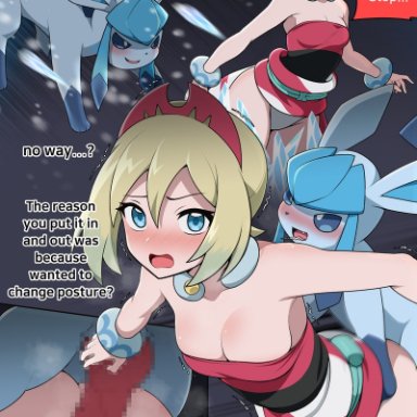 pokemon, pokemon legends: arceus, eeveelution, glaceon, irida (pokemon), pok&#233;mon (species), pokemon (species), everyday2, 1boy, 1girls, blonde hair, blue eyes, blush, breasts, canine