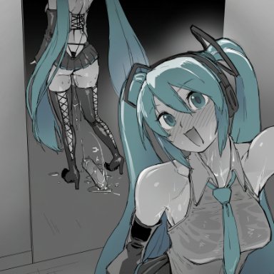 vocaloid, hatsune miku, sashizume soutarou, after masturbation, aqua eyes, aqua hair, aqua necktie, arm up, ass, back, backless outfit, bare shoulders, black footwear, black panties, black skirt