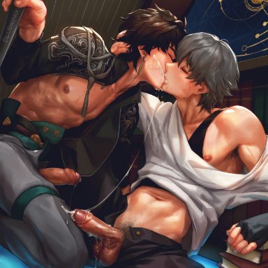 honkai: star rail, caelus (honkai: star rail), dan heng, bludwing, 2boys, abs, big penis, cum, cum in mouth, cum inside, cum kiss, cum on tongue, cum string, cum swap, cumming