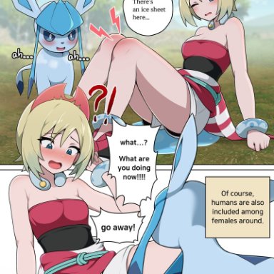 pokemon, pokemon legends: arceus, eeveelution, glaceon, irida (pokemon), pok&#233;mon (species), pokemon (species), everyday2, 1boy, 1girls, blonde hair, blue eyes, blush, breasts, canine