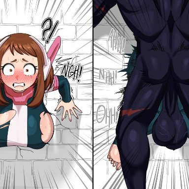 my hero academia, nomu, ochako uraraka, caffeee, 1boy, ambiguous penetration, balls, big breasts, blush, breasts, brown hair, female, hero outfit (mha), heroine, large breasts