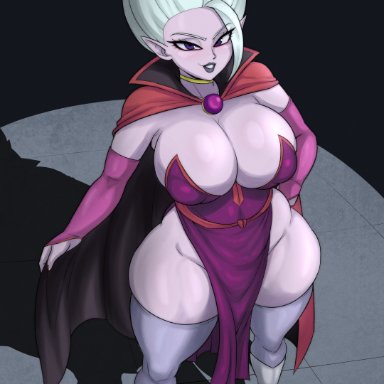 dragon ball, dragon ball daima, dr. arinsu, daf n half, 1girls, big breasts, black lips, black lipstick, breasts, cape, cleavage, female, female only, footwear, full body