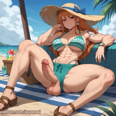 one piece, nami, nami (one piece), artist psyopsai, 1futa, abs, big penis, front view, futa only, futanari, long hair, muscles, muscular futanari, orange hair, solo