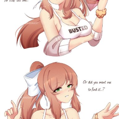 doki doki literature club, raionart, angry expression, big breasts, bow, breasts, cleavage, girlfriend, green eyes, hair ornament, long hair, magazine, ponytail, tank top, wholesome end