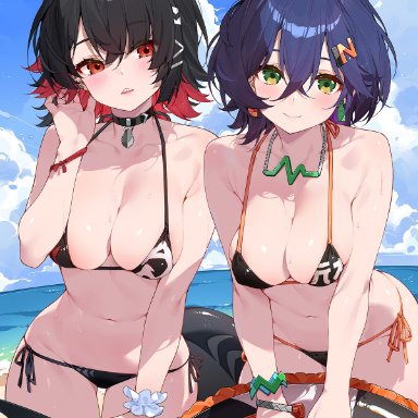 zenless zone zero, belle (zenless zone zero), ellen joe, waterring, :), 2girls, ahoge, bare shoulders, beach, big breasts, bikini, bikini bottom, bikini top, black hair, black nails