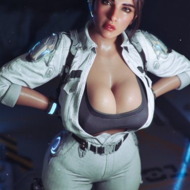 the first descendant, hailey (the first descendant), milapone, barely contained breasts, big breasts, big thighs, brown eyes, brown hair, red lipstick, round breasts, sports bra, white legwear, 3d, 3d (artwork), 3d model