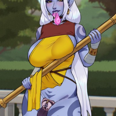 league of legends, celestial (league of legends), soraka, xinaelle, aroused, aroused face, bedroom eyes, blush, bottomless, chastity cage, condom, cum, emasculation, futa only, futanari