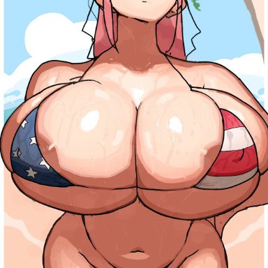 4th of july, hololive, hololive english, mori calliope, dolecat, 1girls, american flag bikini, areolae, beach, big ass, big breasts, big butt, bikini, bitch, bitchy