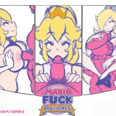 mario (series), nintendo, patreon, super mario 3d all-stars, super mario 64, super mario galaxy, super mario sunshine, mario, princess peach, princess rosalina, ilustretsspoks, 1boy, 2girls, big breasts, blonde hair