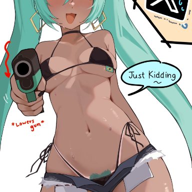 vocaloid, brazilian miku, hatsune miku, belly button, bikini, bikini bottom, bikini top, blue hair, choker, earrings, flower, flower in hair, gun, hair, heart-shaped pubic hair