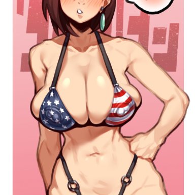 dandadan, ayase momo, coffeelove68, 1girls, american flag bikini, american flag bikini top, bikini top, brown hair, female, female focus, female only, gyaru, long hair, looking at viewer, pubic hair