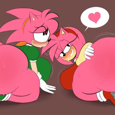 sega, sonic (series), sonic the hedgehog (series), amy rose, classic amy rose, ota (artist), 2girls, accessory, anal, anal penetration, anal sex, anthro, ass, balls, big balls