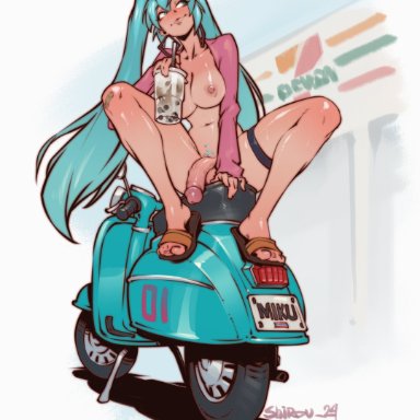 vocaloid, hatsune miku, shirouxah, 1futa, 7/11, areolae, balls, boba tea, bottomless, breasts, clothed, clothing, futa only, futanari, human